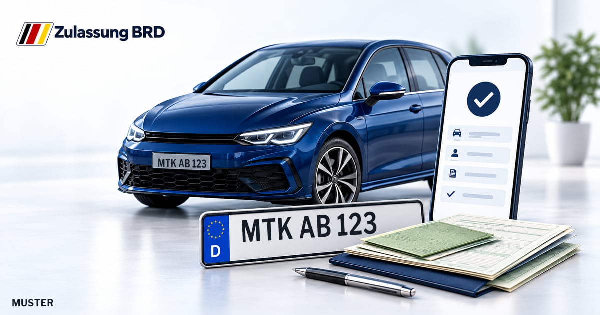 Online Fahrzeugzulassung in Sulzbach (Taunus): Musterkennzeichen MTK AB 123, Auto und Fahrzeugpapiere und Smartphone. Illustration mit Logo von Zulassung BRD.
